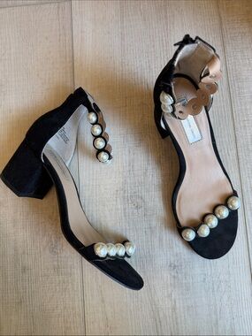 INC International Concepts Black Pearl-Embellished Block Heel Sandals